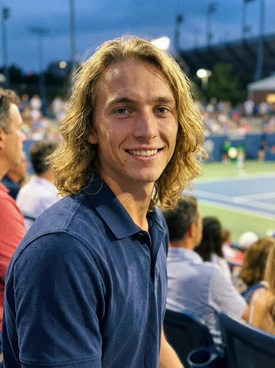 Original selfie input — smiling blond man in a navy shirt at an outdoor event
